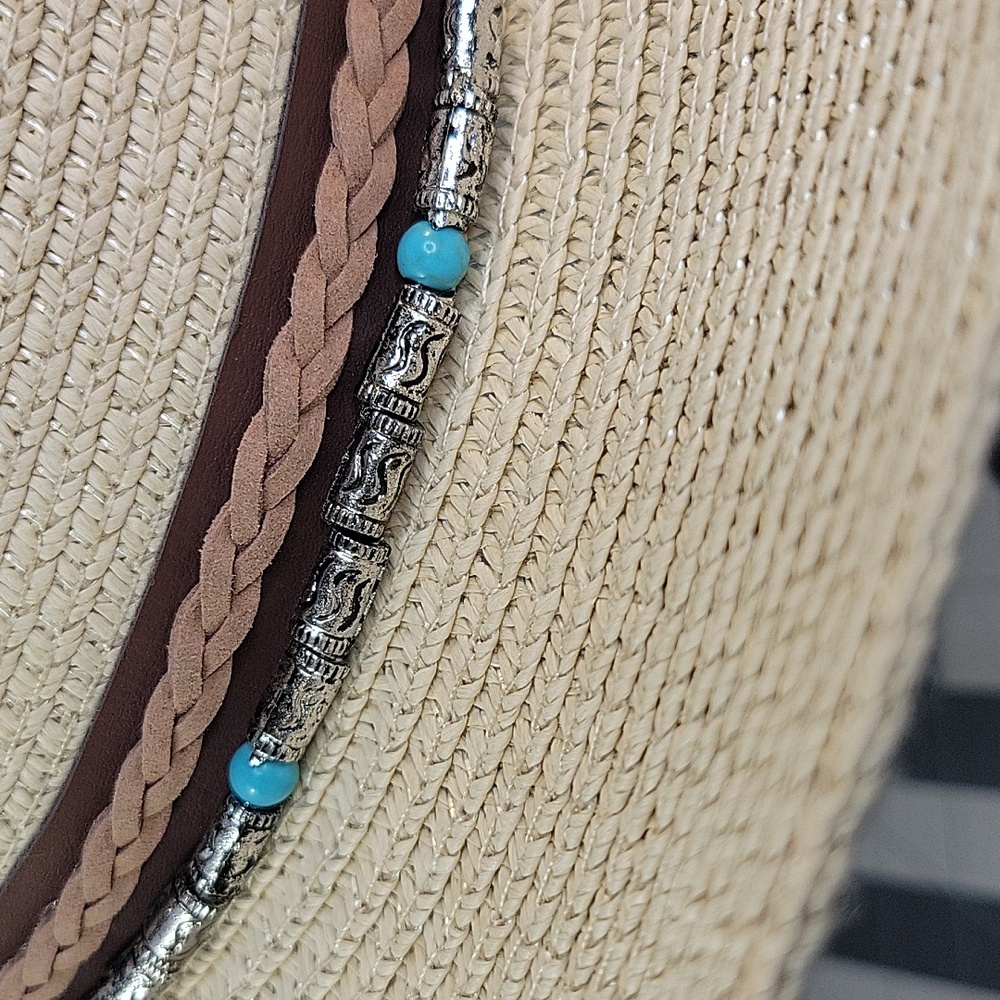 Adjustable Straw Hat Turquoise/Silver Beaded Band… - image 3